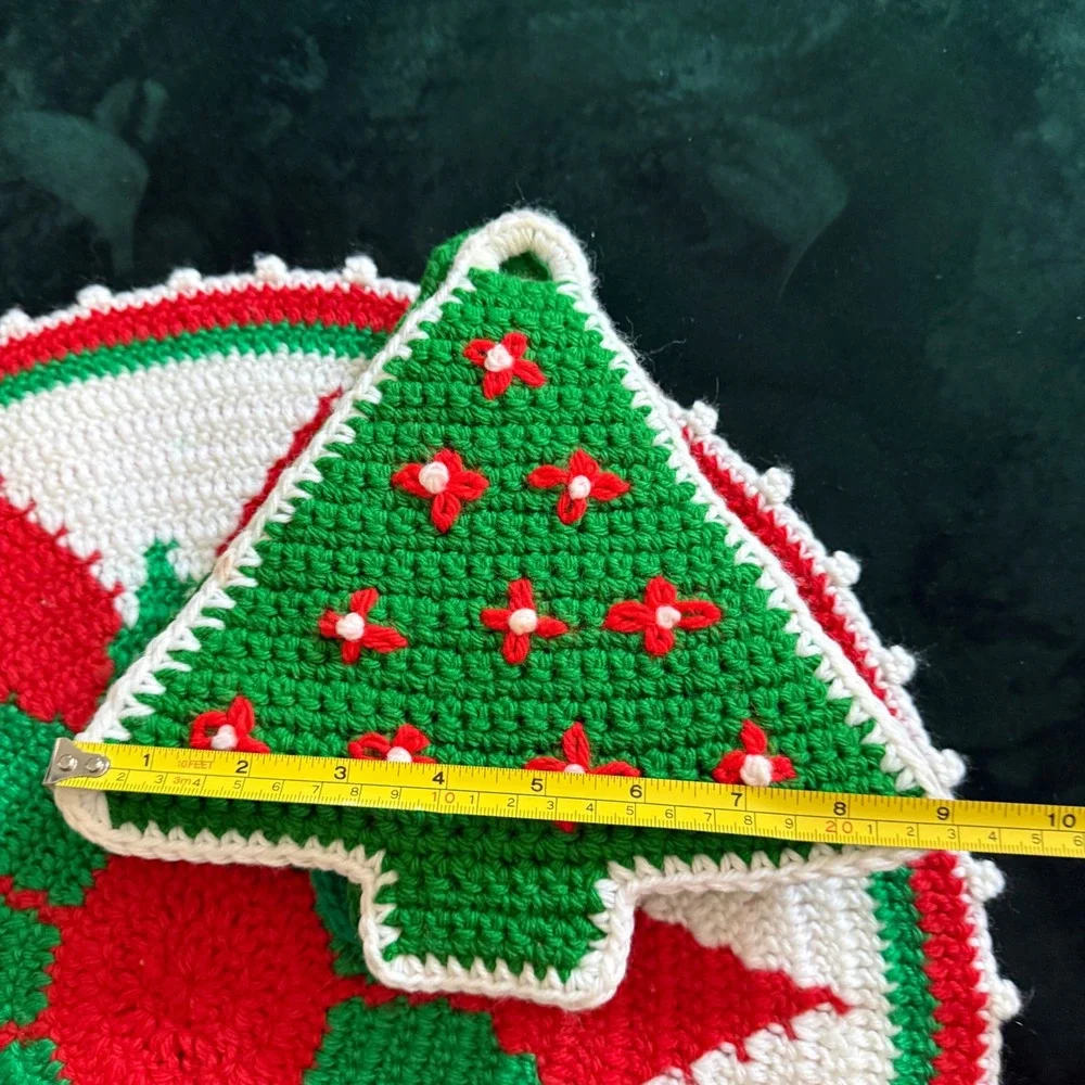 Vintage Crochet‎ Christmas Tree Trivet Pot Holder Set Handmade Holiday Kitchen